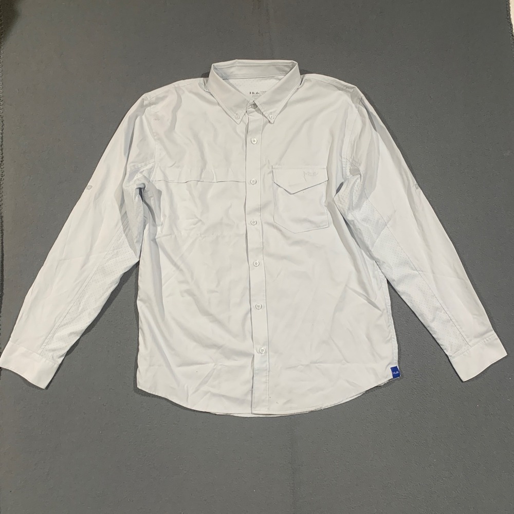 Huk Fishing Shirt Mens Medium Long Sleeve Button Up Vented Performance Gray Blue